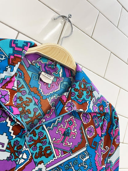 vintage 60s simpsons retro poly - knit 1/2 zip top - good market thrift store