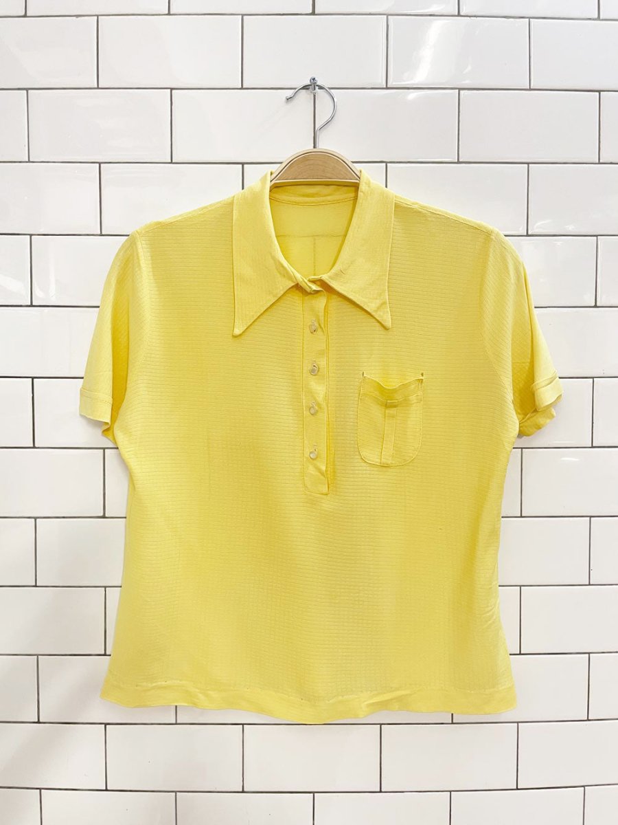 vintage 60s daggar collar 1/2 button poly - knit pocket shirt - good market thrift store