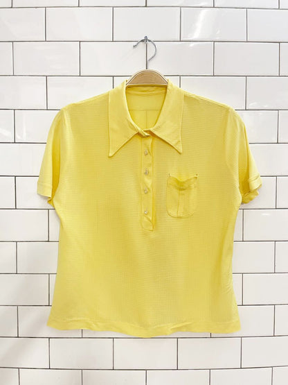 vintage 60s daggar collar 1/2 button poly - knit pocket shirt - good market thrift store