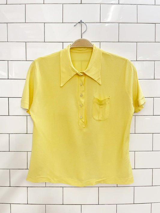 vintage 60s daggar collar 1/2 button poly - knit pocket shirt - good market thrift store
