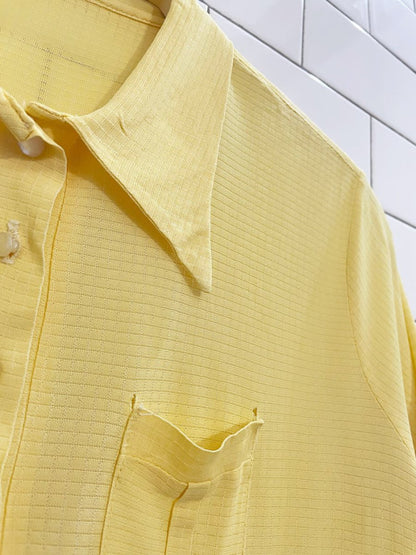 vintage 60s daggar collar 1/2 button poly - knit pocket shirt - good market thrift store