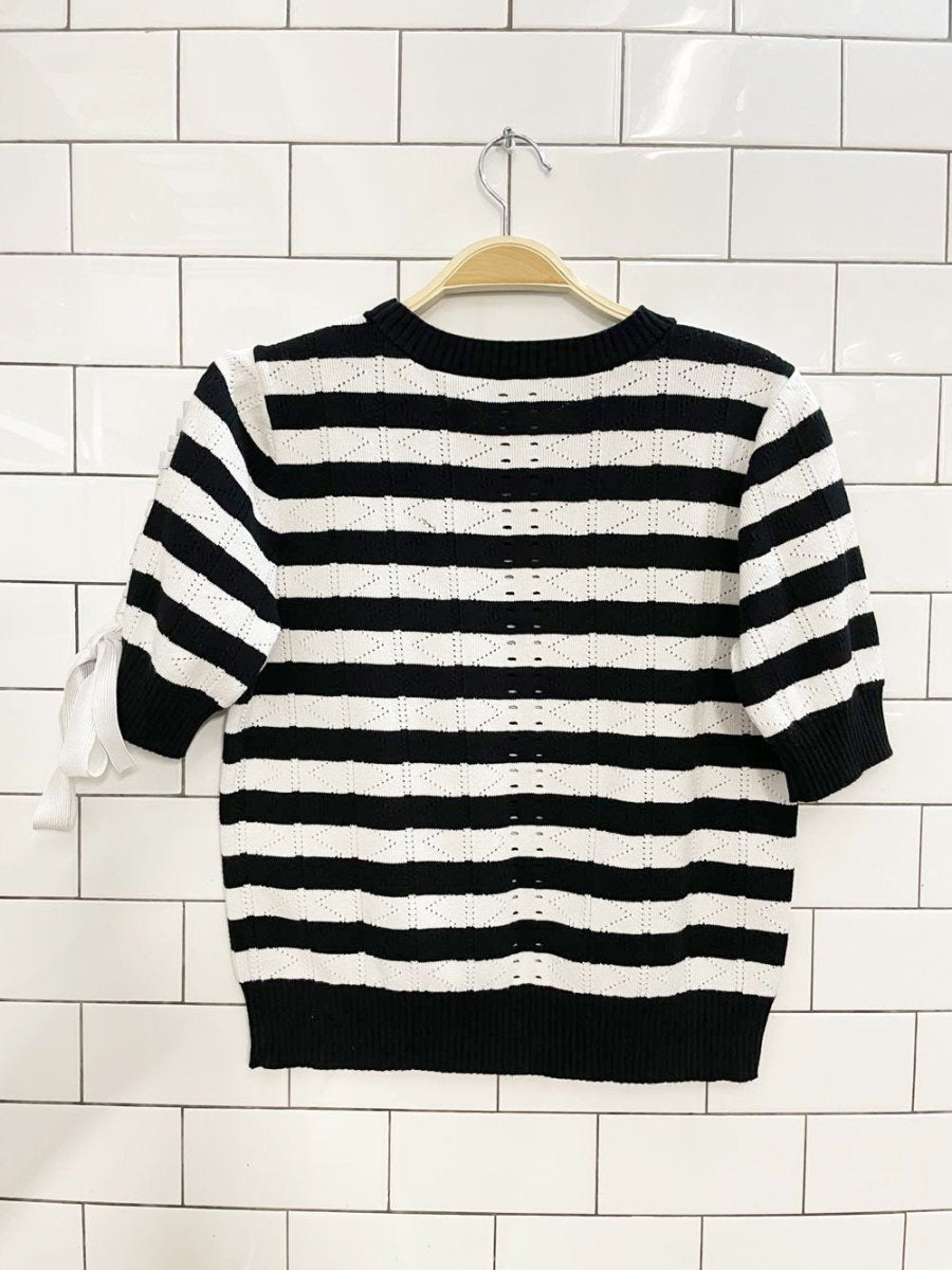 cabi runway stripe lace up sleeve knit top - good market thrift store