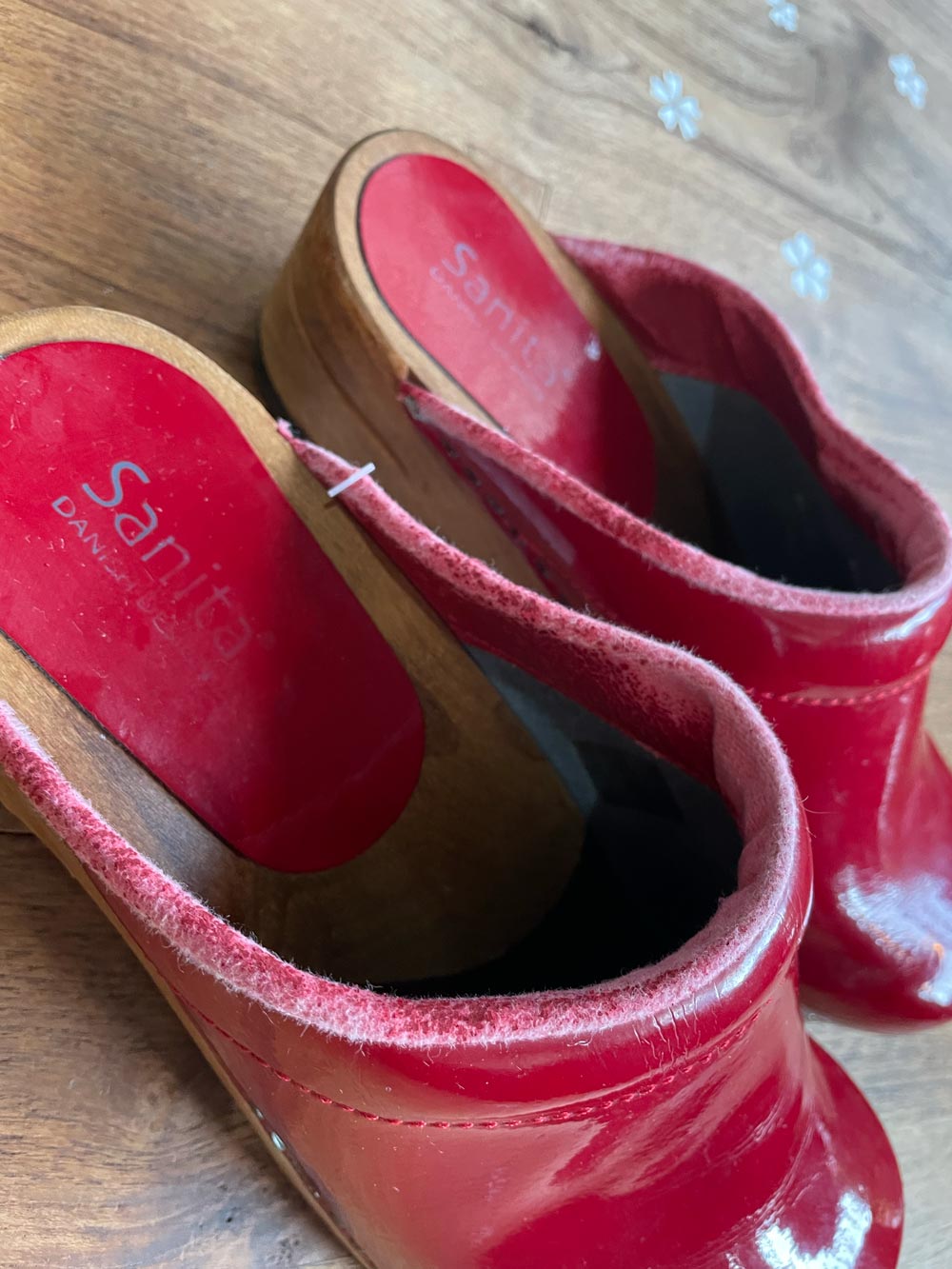 sanita danish red patent wood clogs