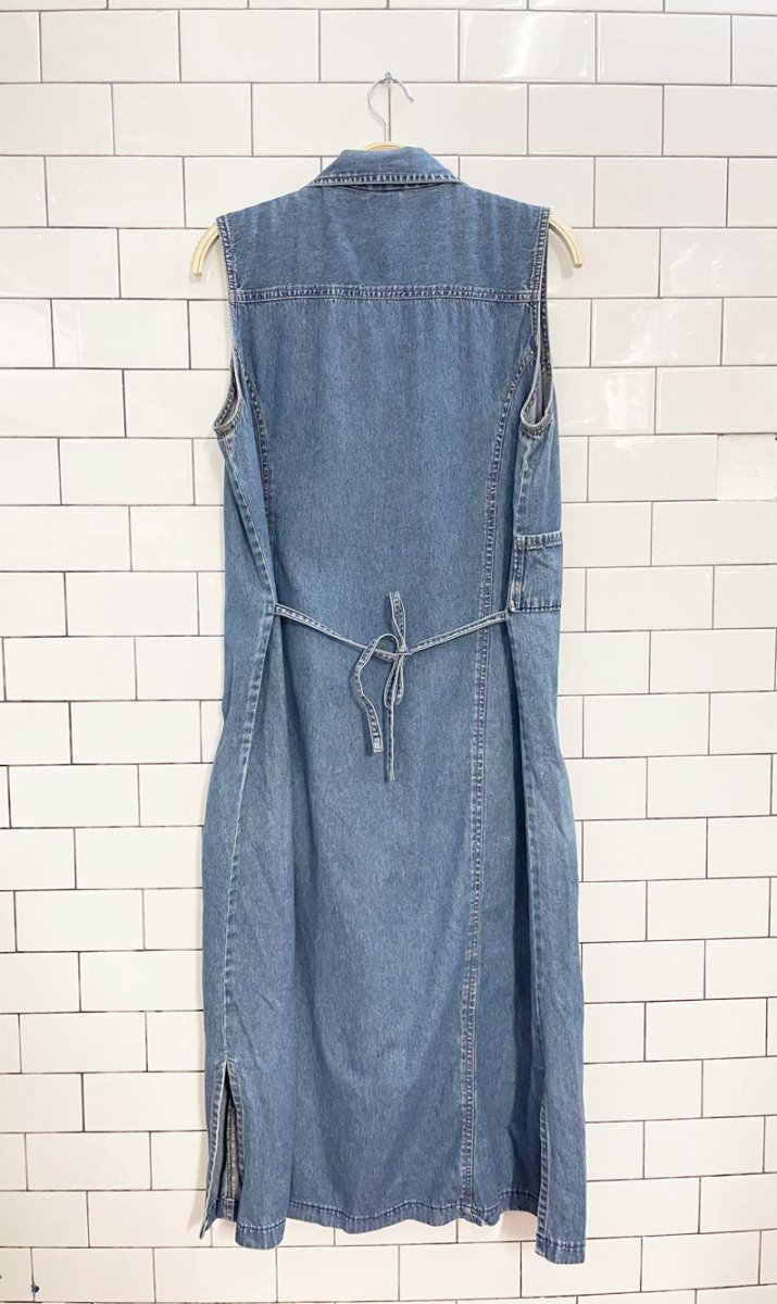 vintage 90s cherokee full button tie back sleeveless denim shirt dress - good market thrift store