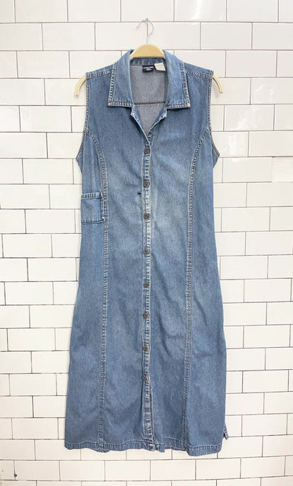 vintage 90s cherokee full button tie back sleeveless denim shirt dress - good market thrift store
