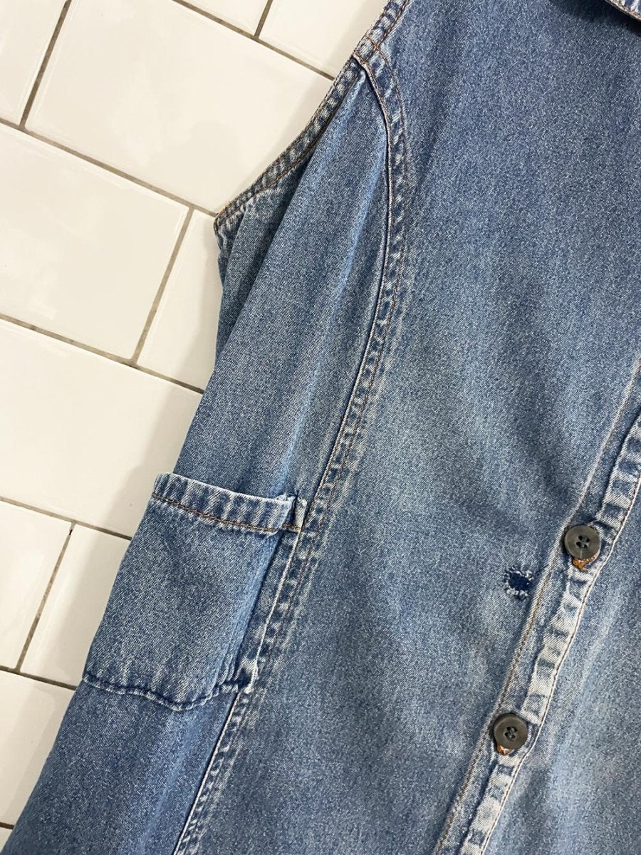 vintage 90s cherokee full button tie back sleeveless denim shirt dress - good market thrift store