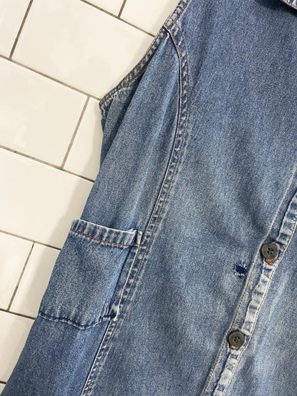 vintage 90s cherokee full button tie back sleeveless denim shirt dress - good market thrift store