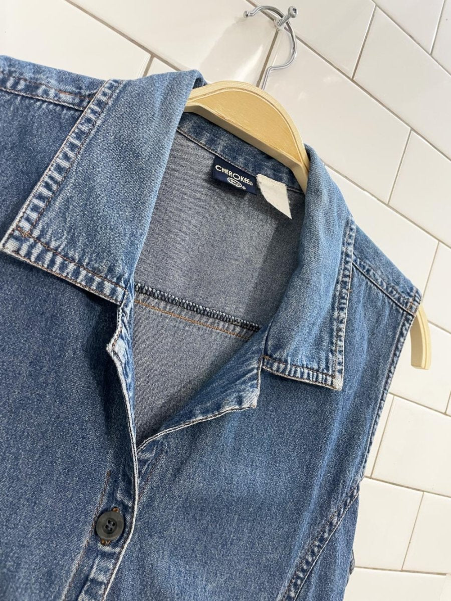 vintage 90s cherokee full button tie back sleeveless denim shirt dress - good market thrift store