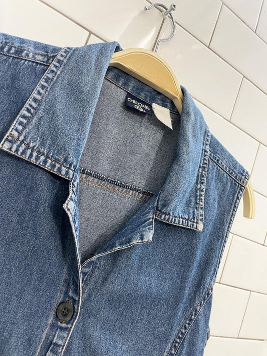 vintage 90s cherokee full button tie back sleeveless denim shirt dress - good market thrift store