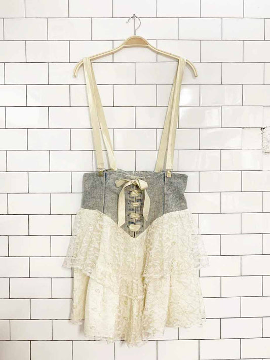 vintage 80s jackie o denim corset tiered lace skirt with suspender | made in USA