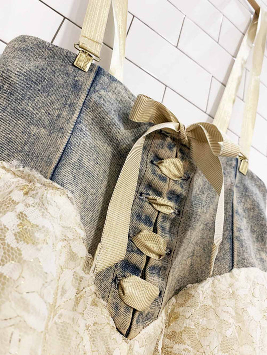 vintage 80s jackie o denim corset tiered lace skirt with suspender | made in USA
