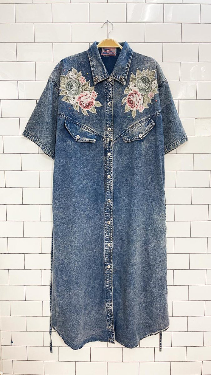 vintage 80s pearl river western rose acid wash denim shirt maxi dress - good market thrift store