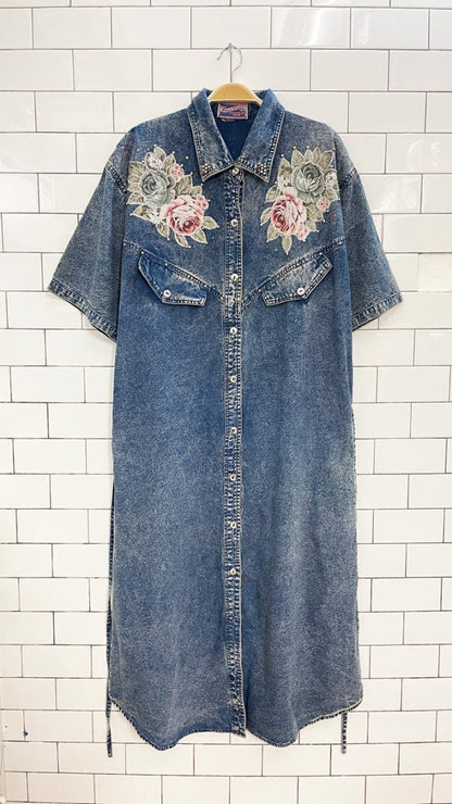 vintage 80s pearl river western rose acid wash denim shirt maxi dress - good market thrift store