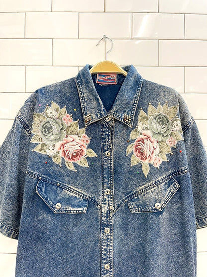 vintage 80s pearl river western rose acid wash denim shirt maxi dress - good market thrift store