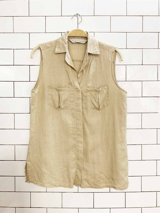 vintage 00s its a new vision 100% linen full button sleeveless shirt