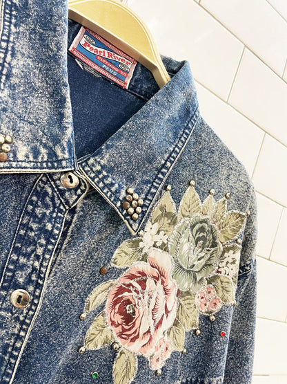 vintage 80s pearl river western rose acid wash denim shirt maxi dress - good market thrift store