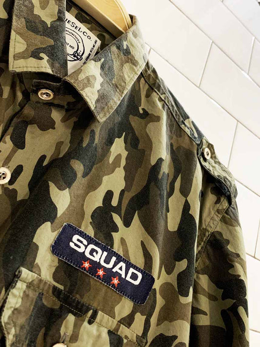 vintage 00s diesel patched military camo full button shirt