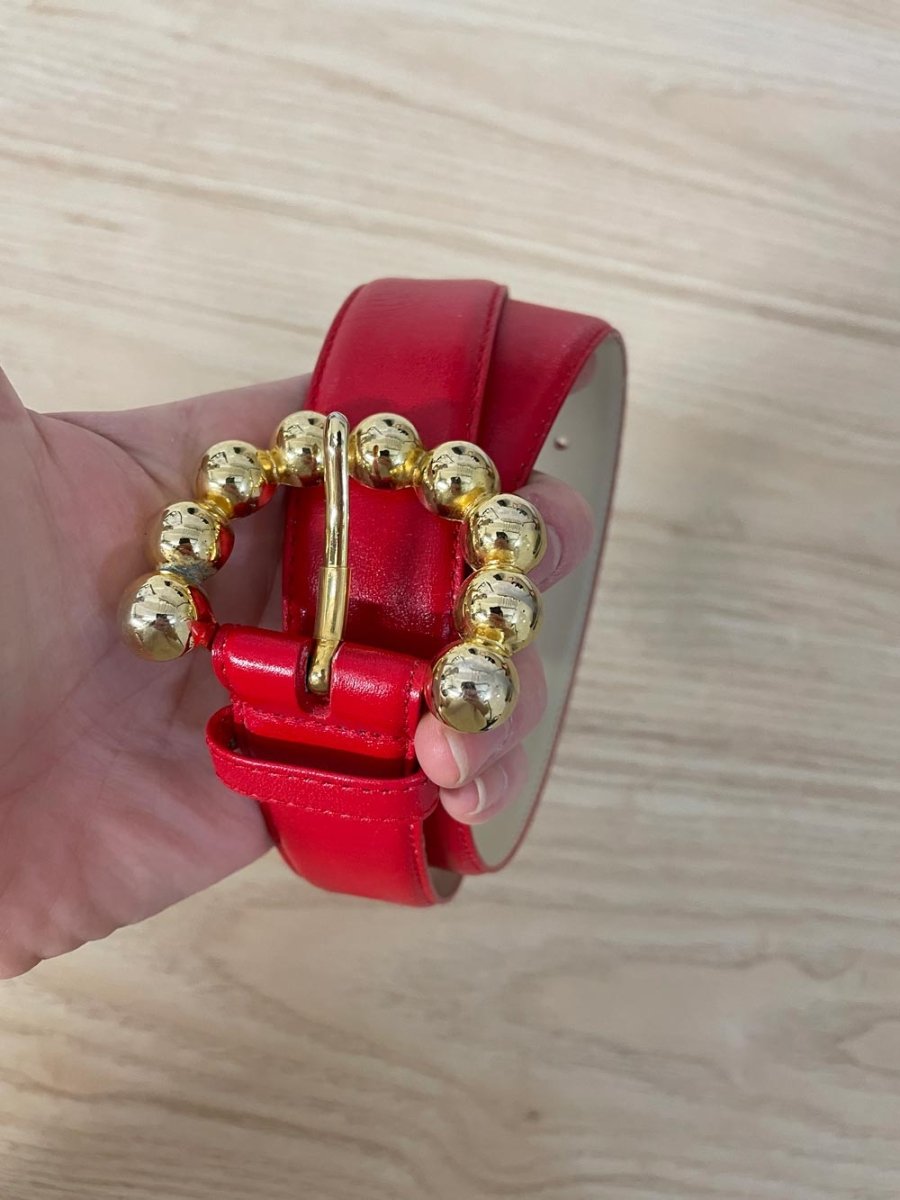 vintage liz claiborne gold pearl buckle red leather belt - good market thrift store