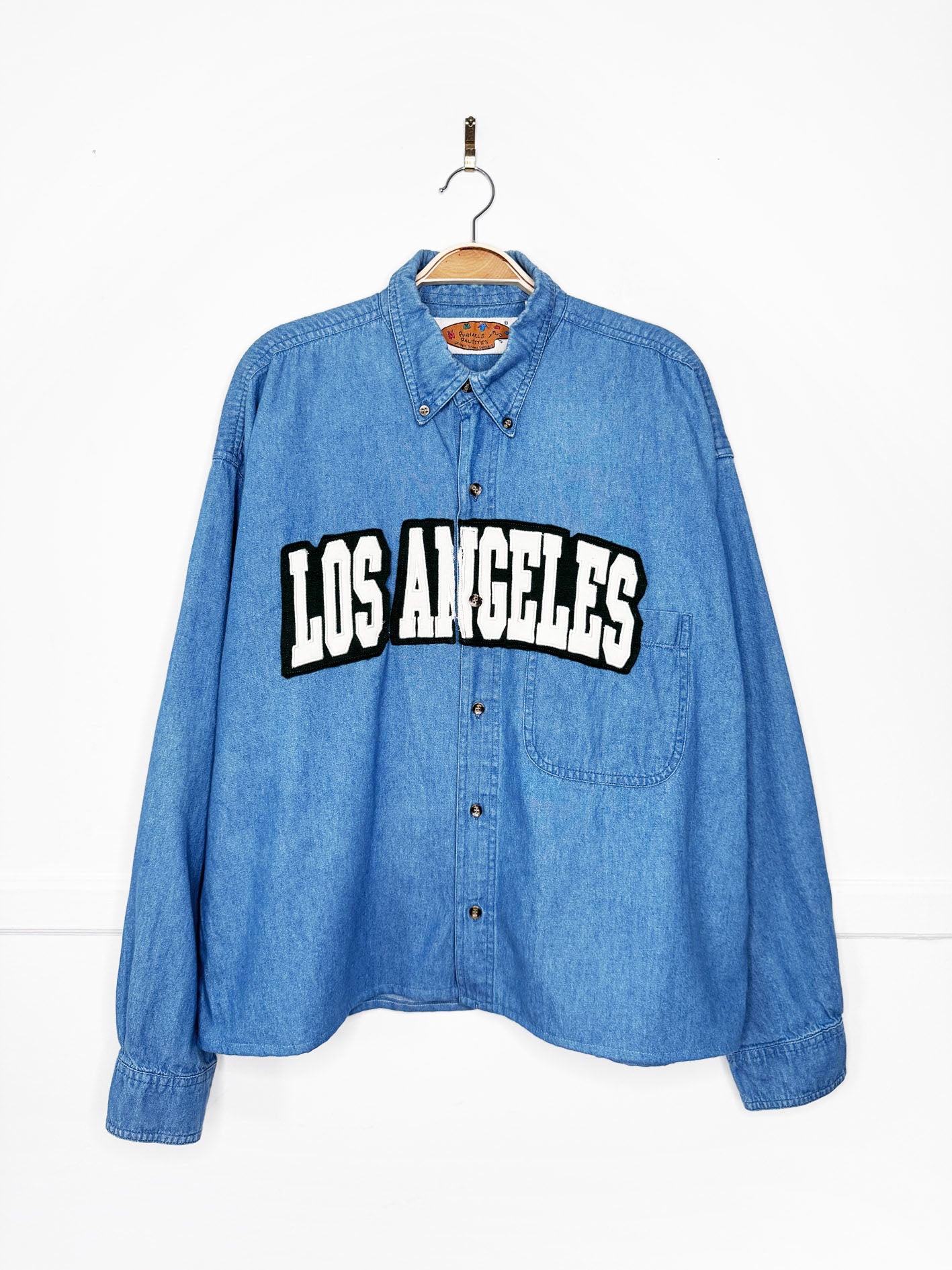 vintage 90s pinnacle x LA spellout sporty prep cropped denim shirt | rework