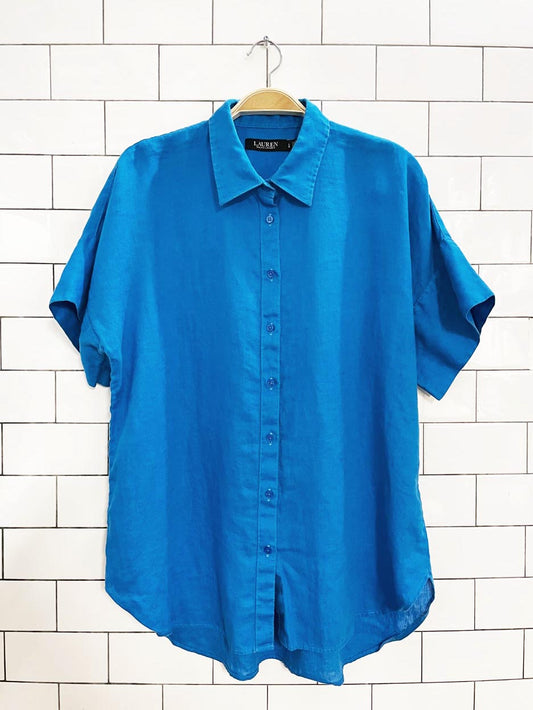 lauren ralph lauren 100% linen boxy full button short sleeve shirt
