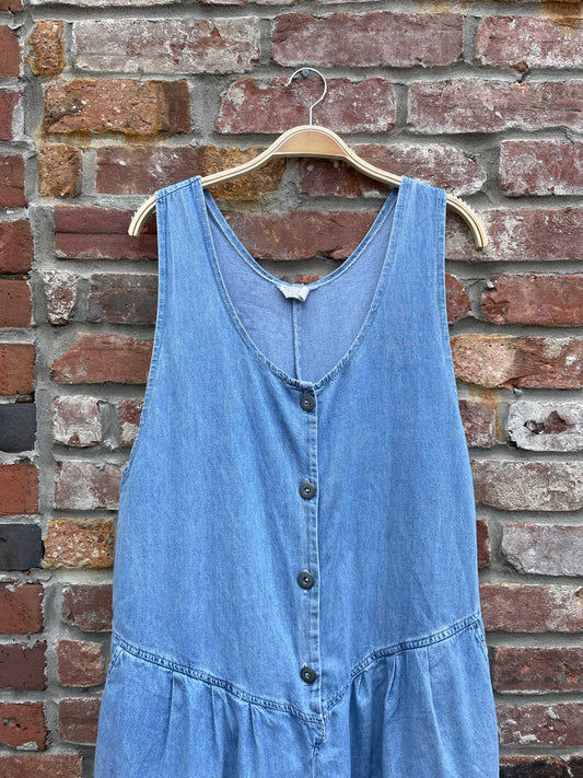vintage denim button down pleated jumpsuit