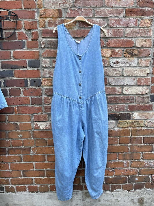 vintage denim button down pleated jumpsuit