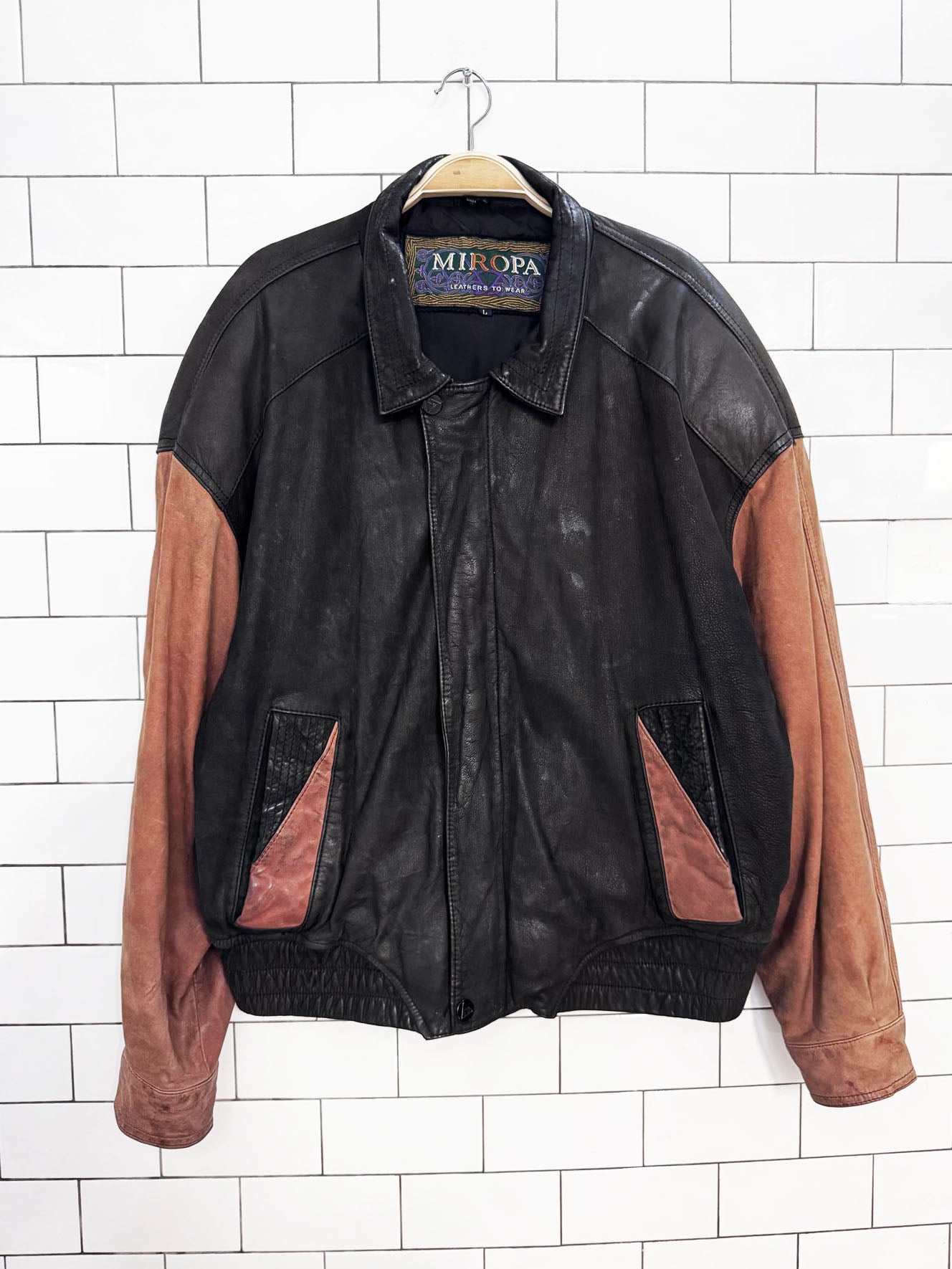 vintage 90s miropa nubuck two-tone leather bomber jacket