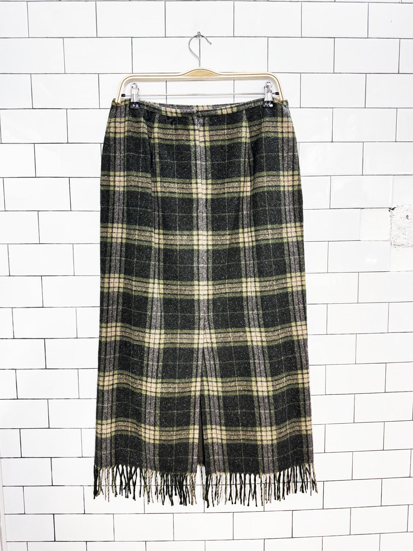 vintage 00s norton mcnaughton wool-blend plaid fringe maxi skirt