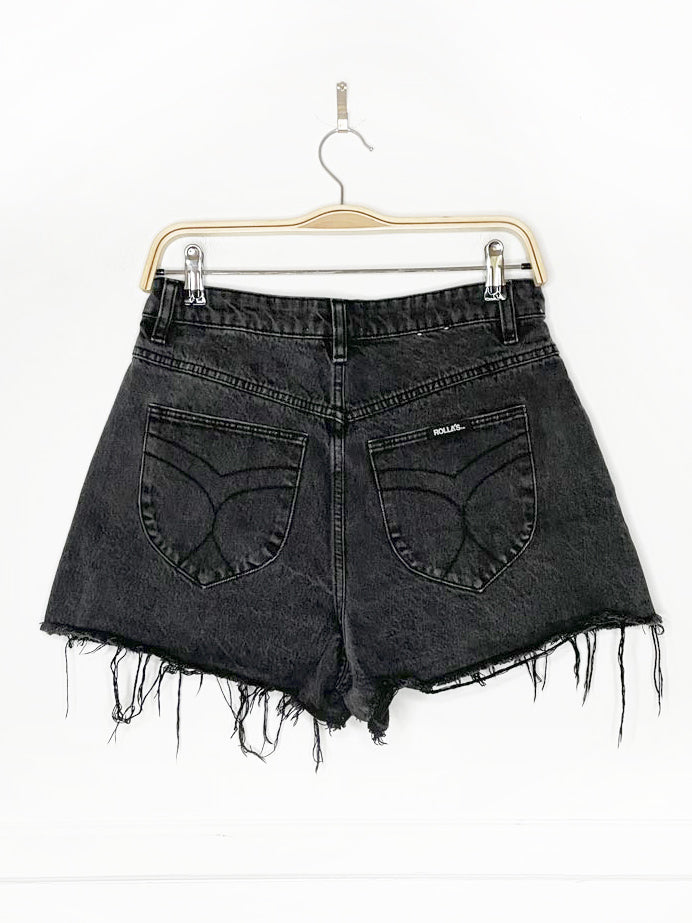 rollas mirage high rise loose fit cut off denim shorts