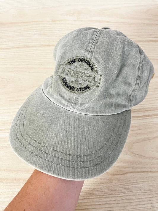 vintage 90s running room faded cotton hat w leather strap - good market thrift store