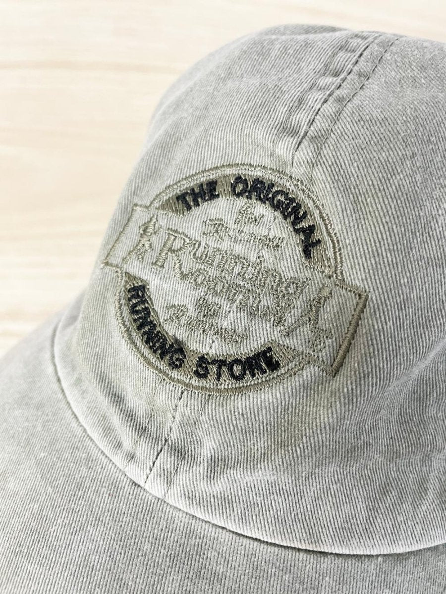 vintage 90s running room faded cotton hat w leather strap - good market thrift store