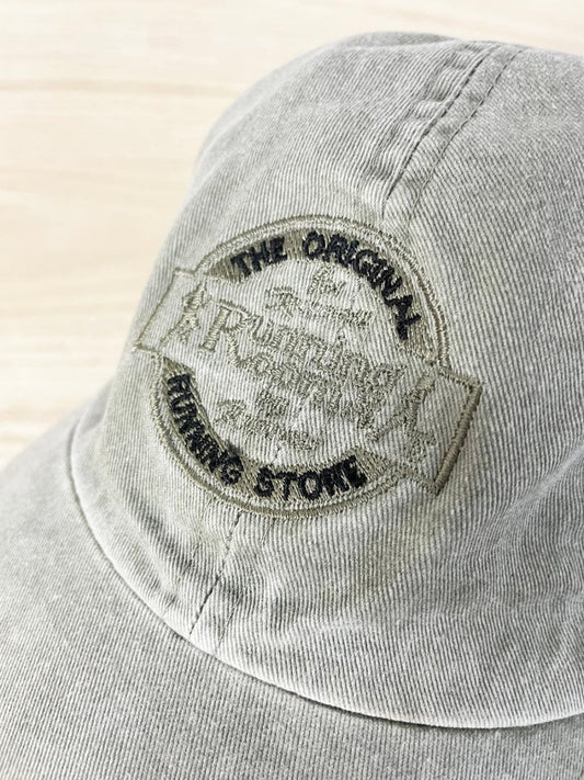 vintage 90s running room faded cotton hat w leather strap - good market thrift store