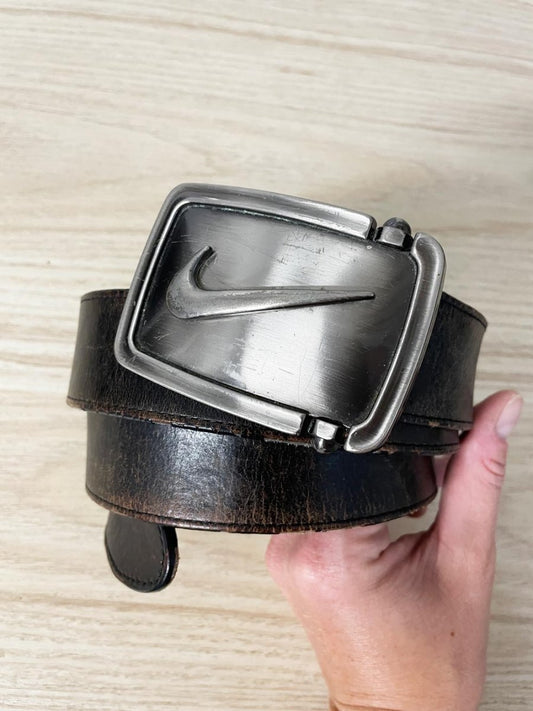 vintage 00s nike big buckle heavy leather belt - good market thrift store