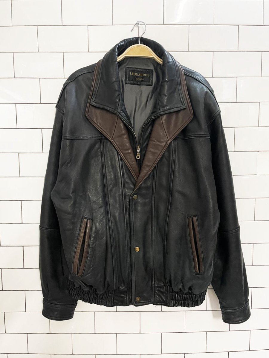 vintage leonardos butter leather two - tone bomber jacket - good market thrift store