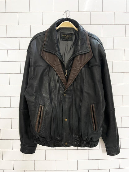 vintage leonardos butter leather two - tone bomber jacket - good market thrift store