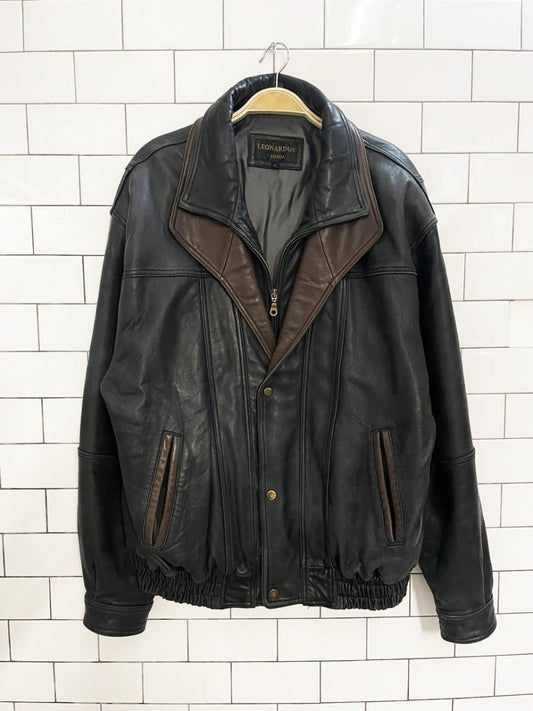 vintage leonardos butter leather two - tone bomber jacket - good market thrift store