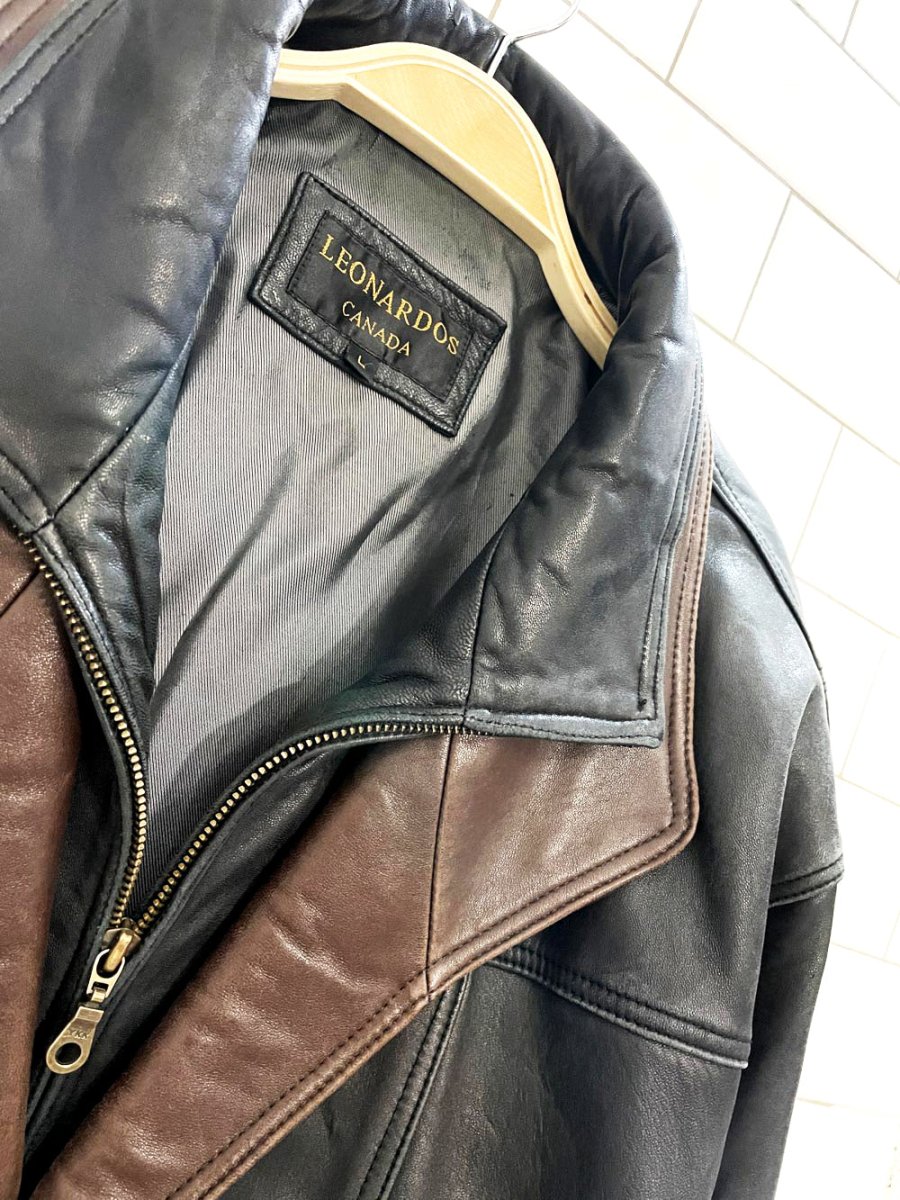vintage leonardos butter leather two - tone bomber jacket - good market thrift store