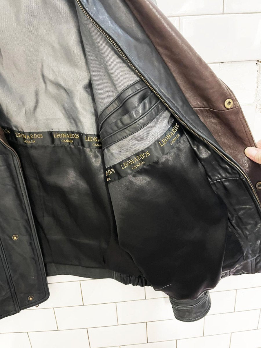 vintage leonardos butter leather two - tone bomber jacket - good market thrift store