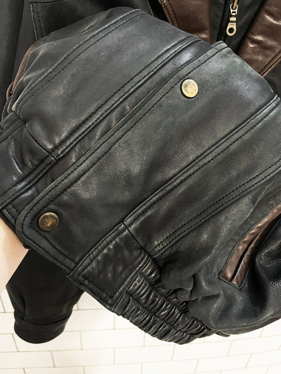 vintage leonardos butter leather two - tone bomber jacket - good market thrift store