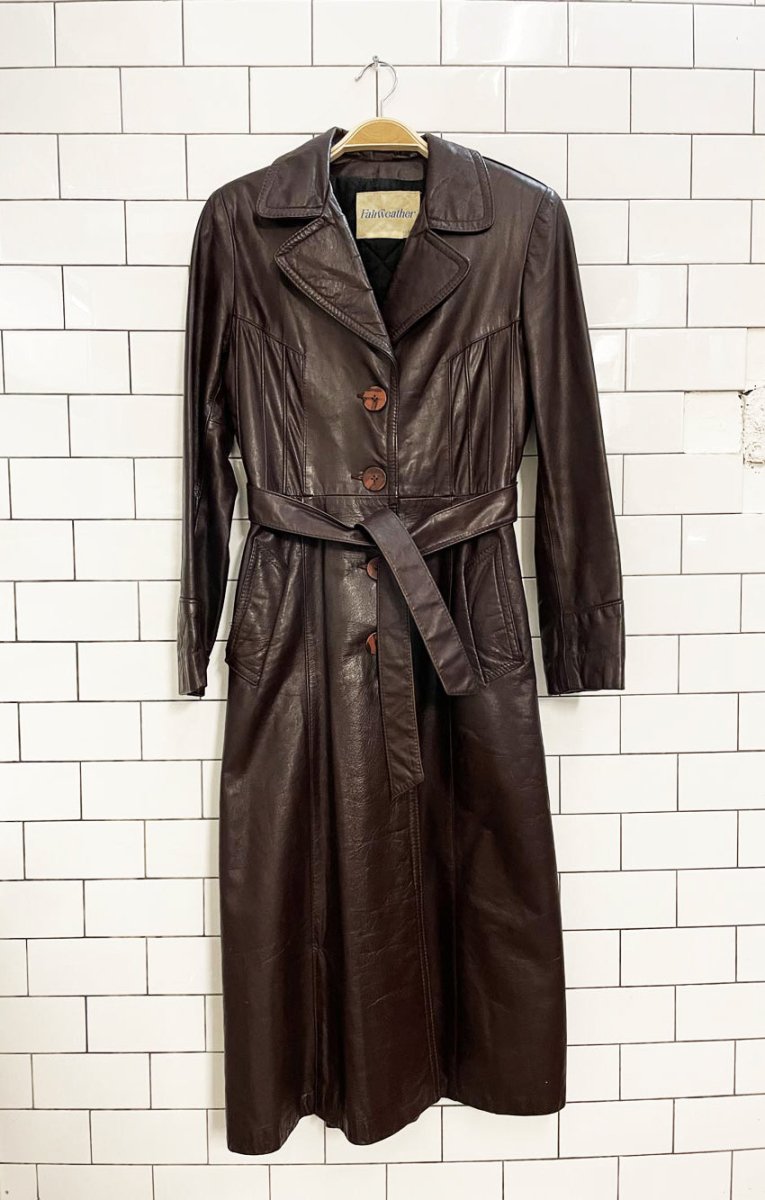 vintage 70s fairweather belted leather trench coat - good market thrift store