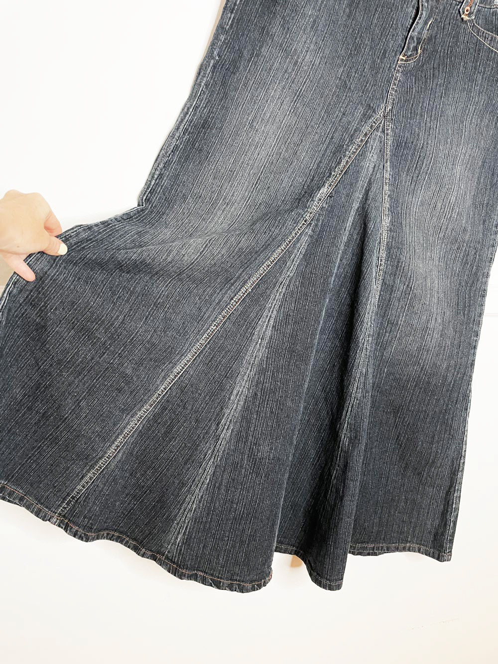 y2k rewind low rise mermaid flare denim midi skirt