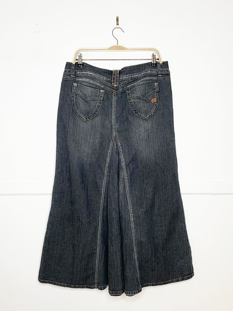 y2k rewind low rise mermaid flare denim midi skirt