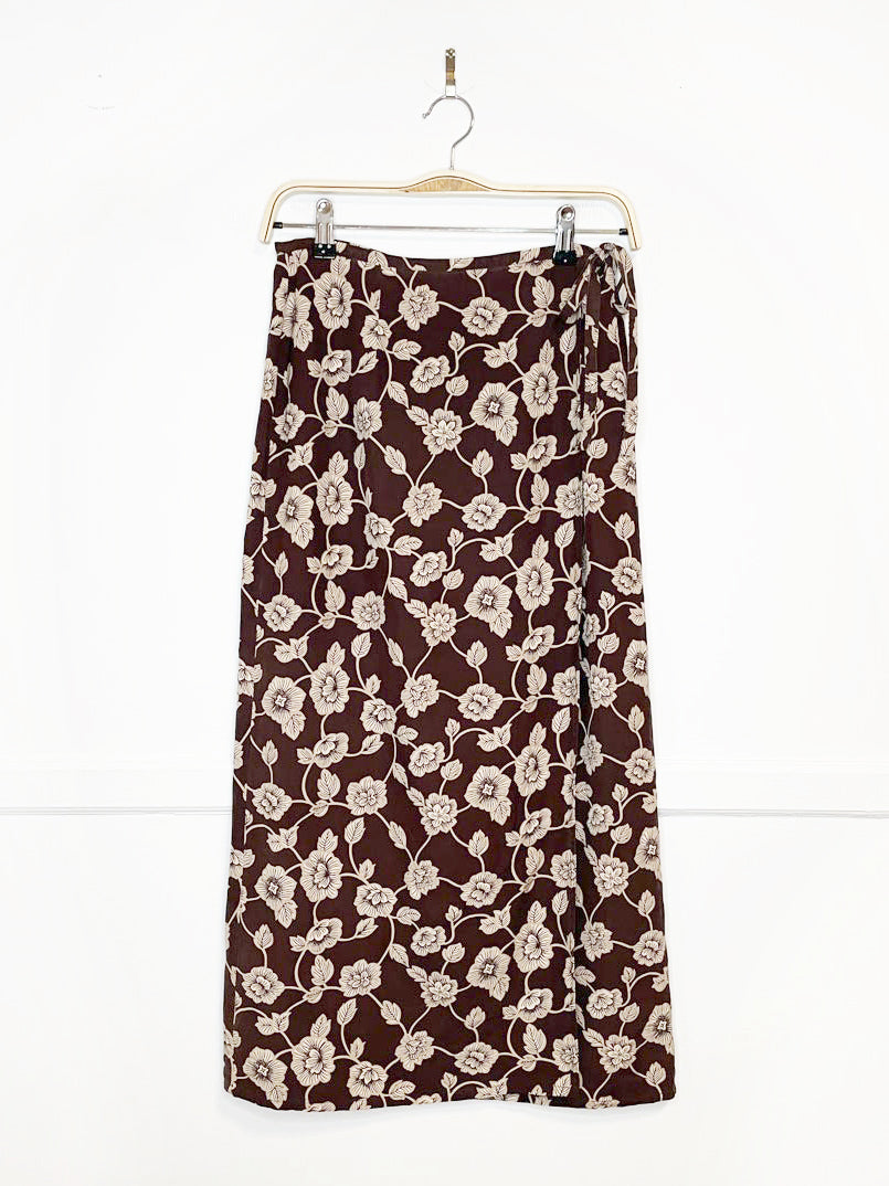 vintage 90s ann taylor 100% silk floral wrap midi skirt