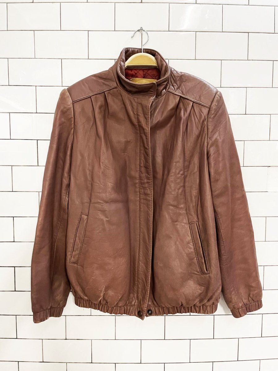 vintage 70s the old hide house lamb leather pleated shoulder bomber jacket - good market thrift store