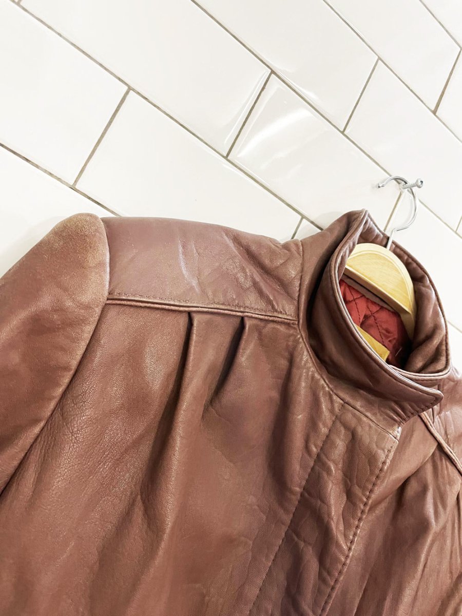 vintage 70s the old hide house lamb leather pleated shoulder bomber jacket - good market thrift store