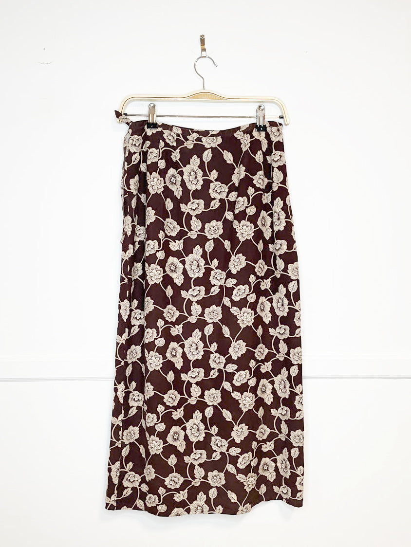 vintage 90s ann taylor 100% silk floral wrap midi skirt