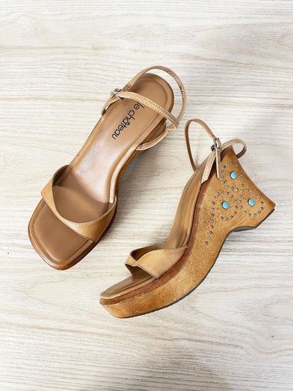 y2k le chateau studded wood wedge platform sandal - good market thrift store