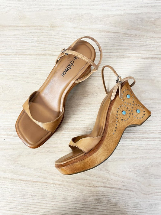 y2k le chateau studded wood wedge platform sandal - good market thrift store
