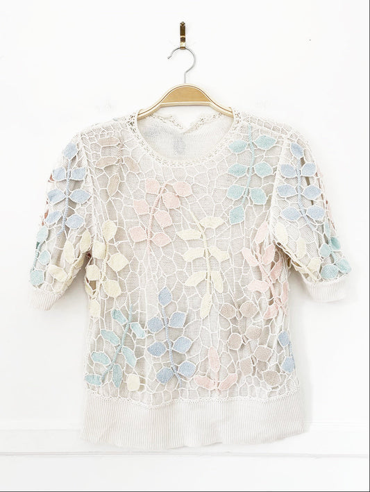 vintage 80s crochet floral knit layered short sleeve top