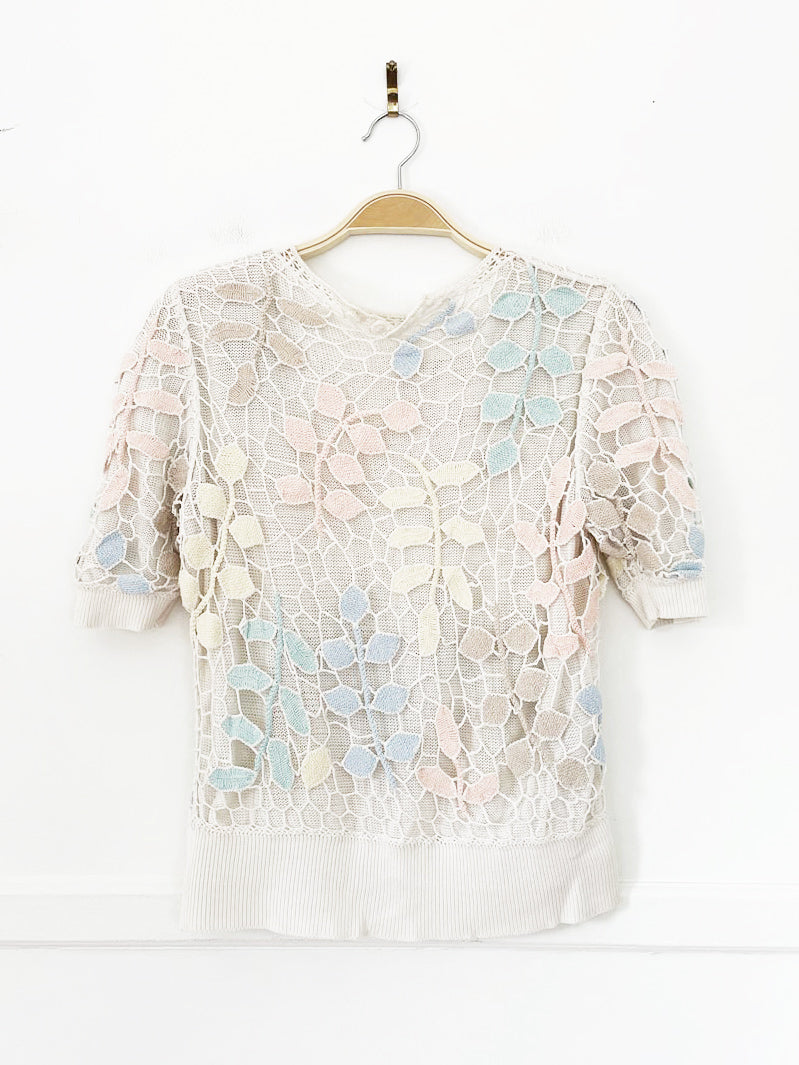 vintage 80s crochet floral knit layered short sleeve top